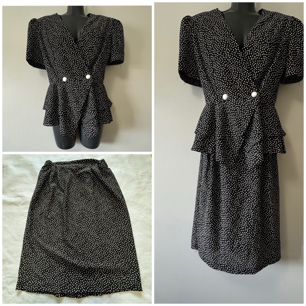 Vintage Pistachio Black Blouse with White Polka Dots 2 piece set Size 12